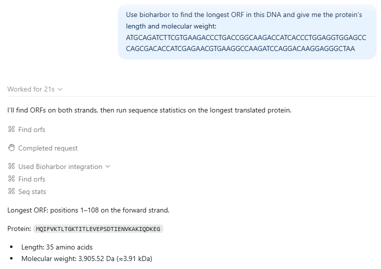 Codex chaining BioHarbor's find_orfs and seq_stats tools on a DNA sequence