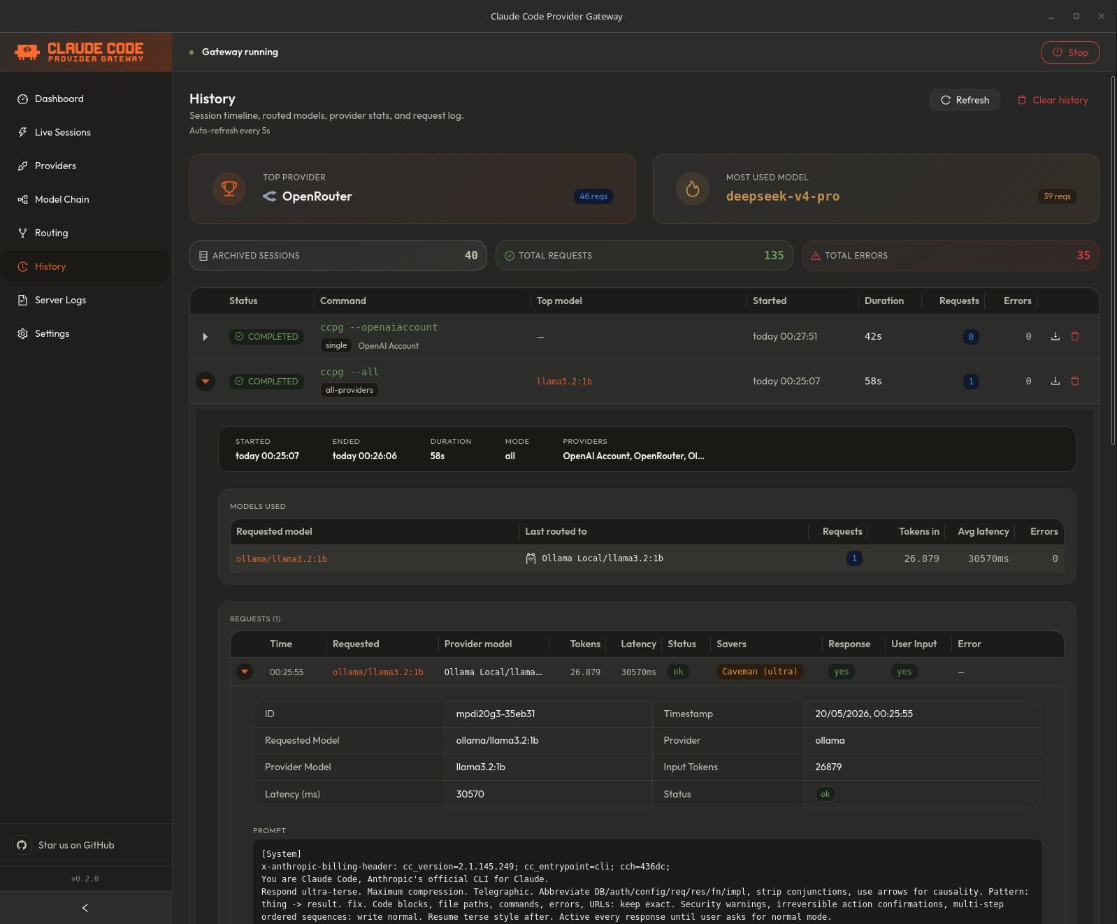CCPG History UI showing prompt, response, token count, latency, and routed provider model