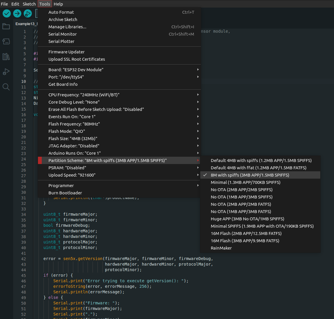 Arduino IDE screenshot for modifying the partition scheme