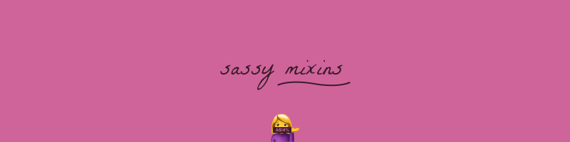 Sassy Mixins banner, pink background, woman tipping hand emoji swearing