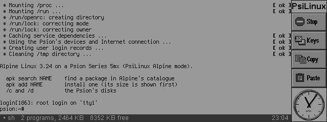 Alpine Linux booted on the Psion