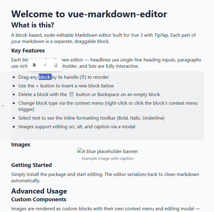 vue-markdown-editor — A block-based, Notion-like markdown editor for Vue 3