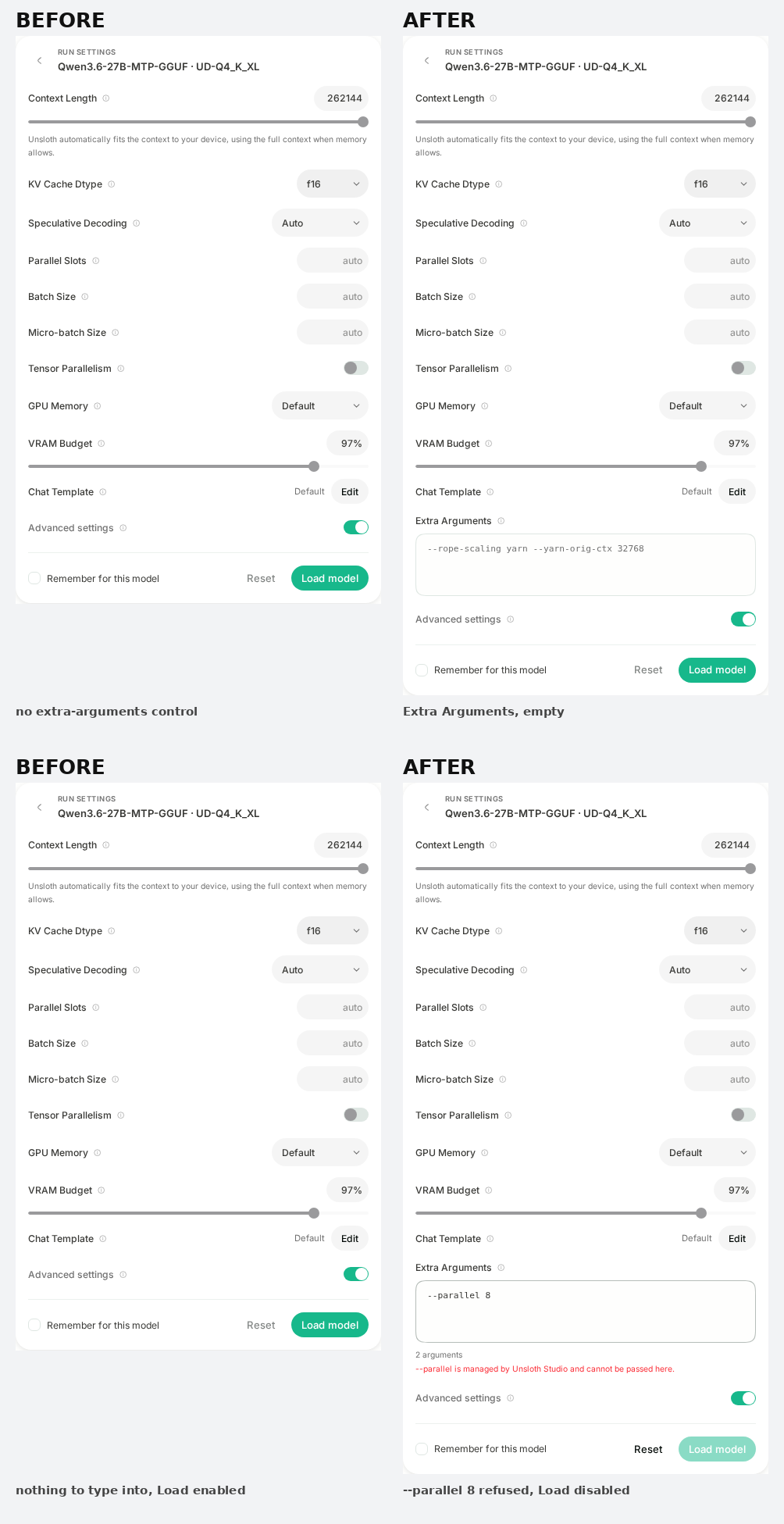 Model settings panel, before and after the extra arguments row