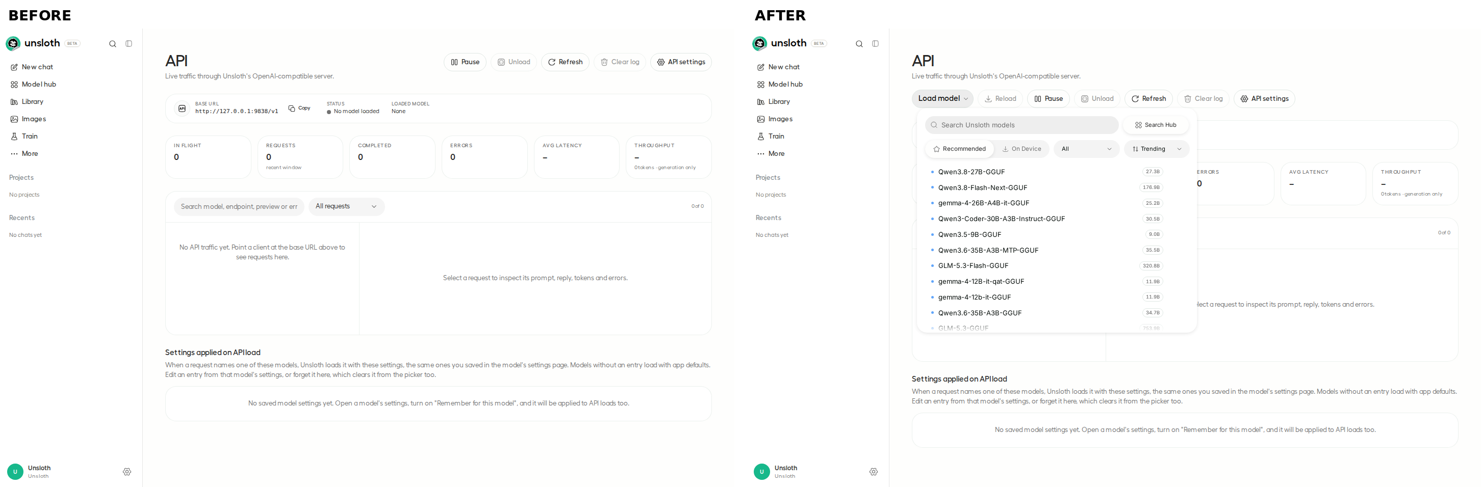 Model picker opened on the API page