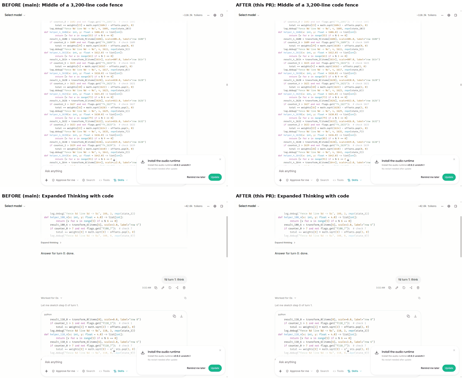 Before and after: a 3,200-line code fence and expanded Thinking render the same on main and this PR