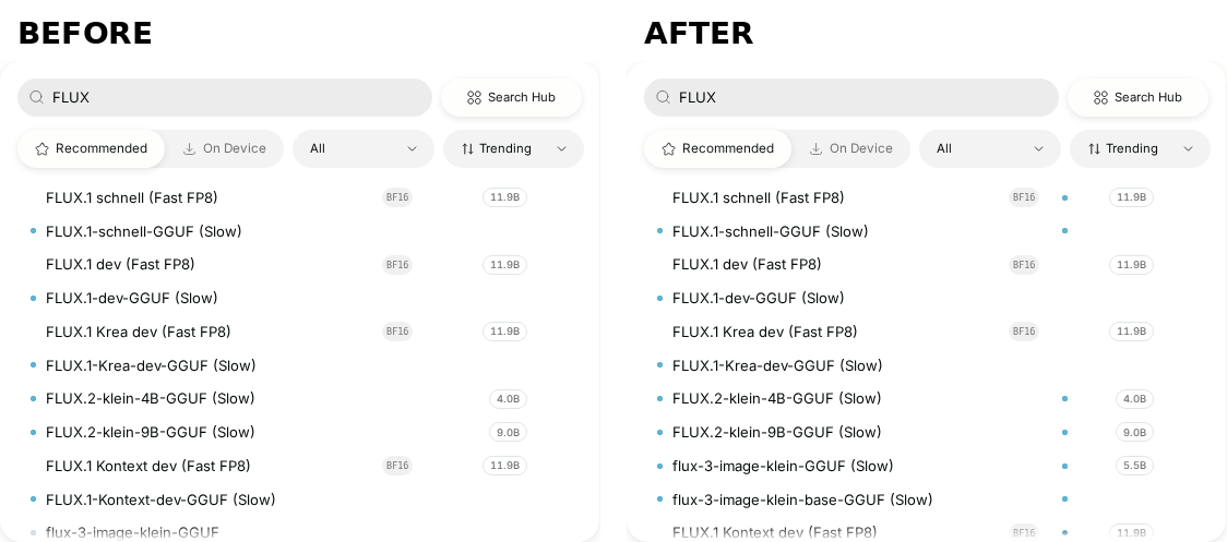Images model picker before and after: the two FLUX.3 GGUF rows