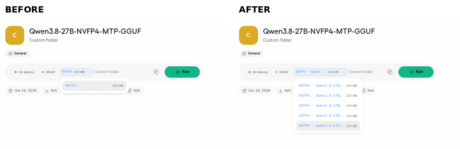 Model Hub quant menu for the custom folder, before and after