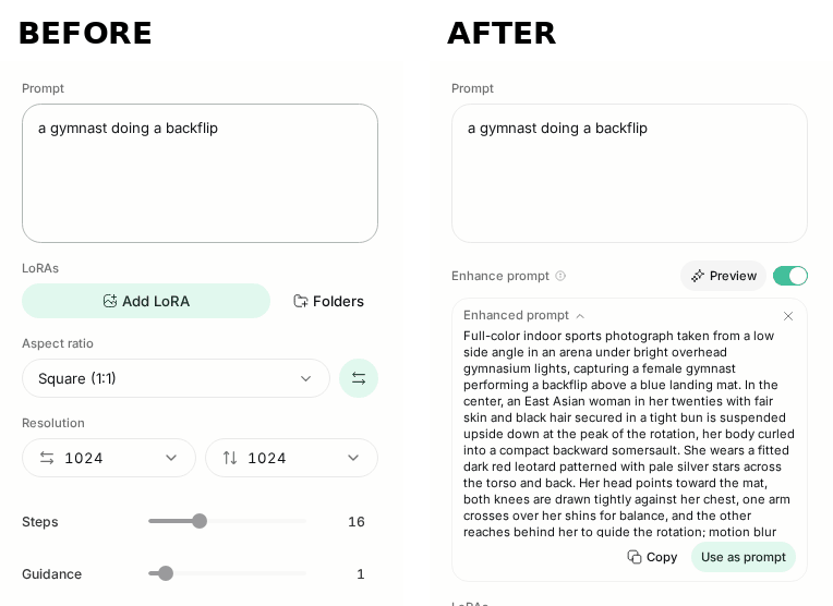 Images composer before and after: Enhance prompt switch and the enhanced caption