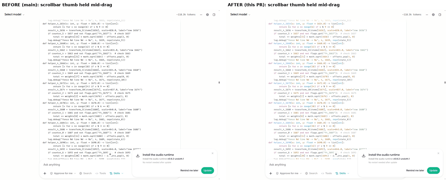 Before and after: with the thumb held, main shows the code as plain text and this PR keeps its colour