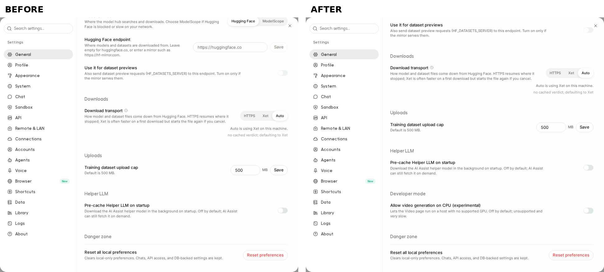 Settings General before and after
