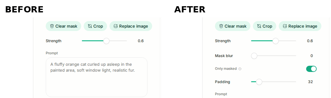 Inpaint controls, before vs after