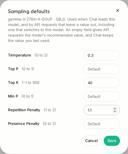 Sampling defaults editor