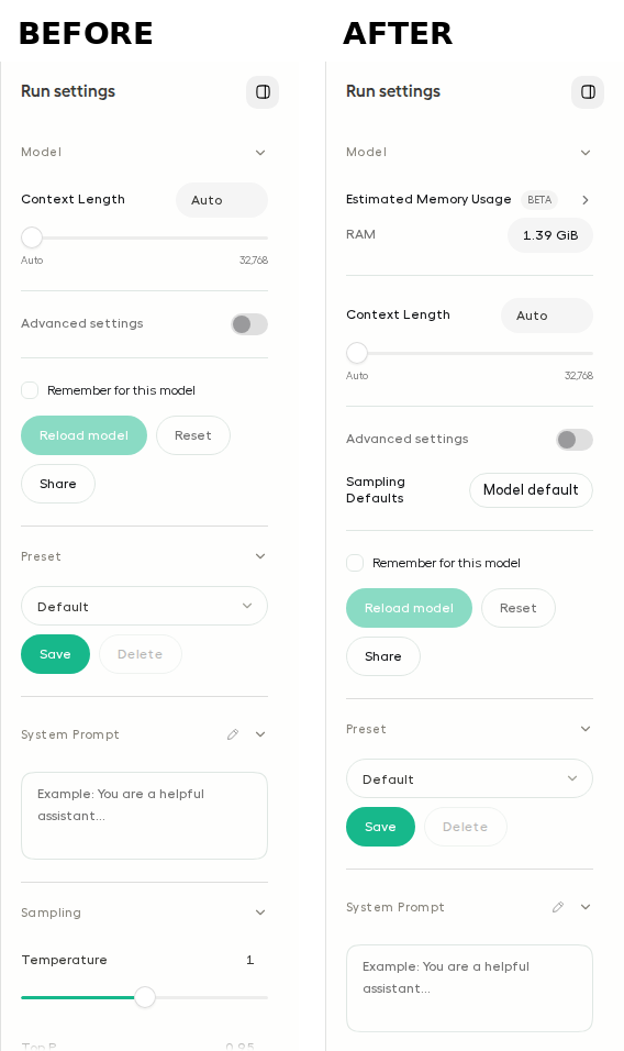 Run settings, before and after
