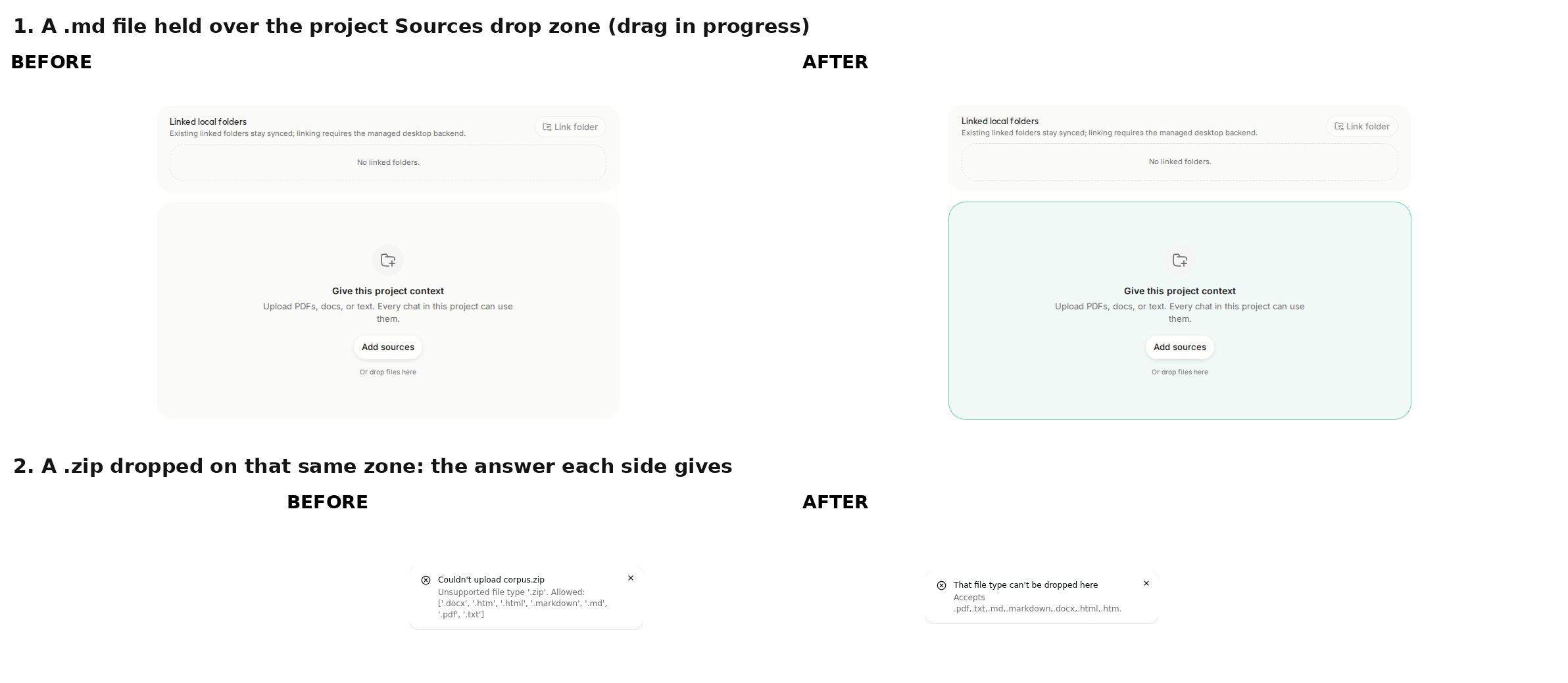 Sources drop zone, before and after