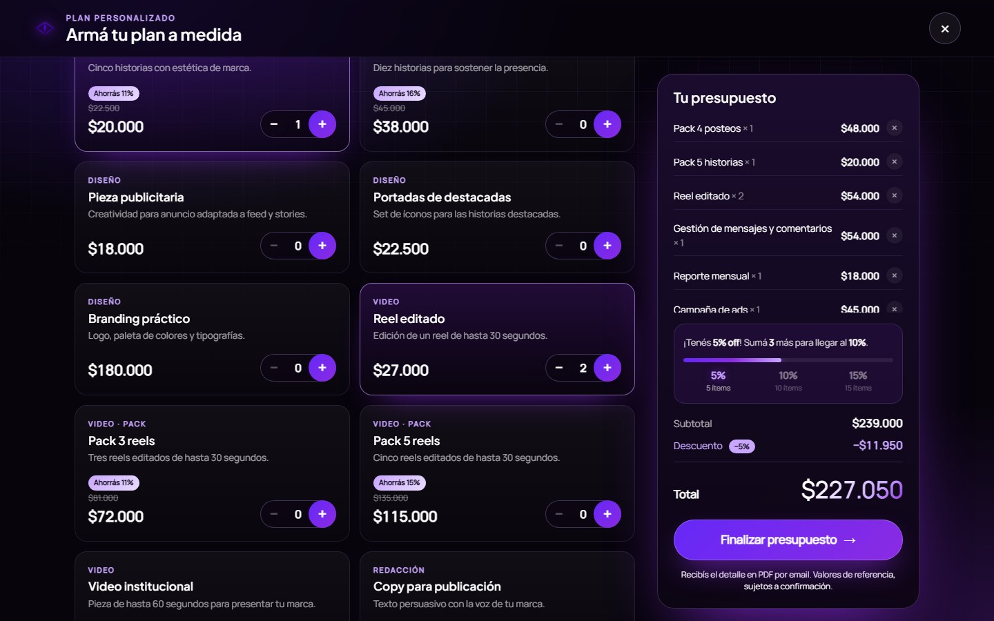 Paso 2: servicios y descuento por volumen