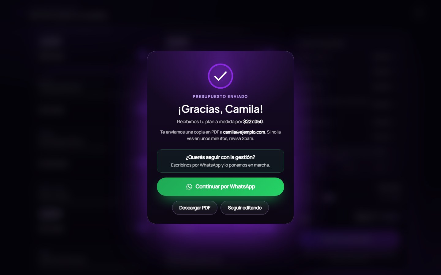 Paso 3: confirmación y paso a WhatsApp