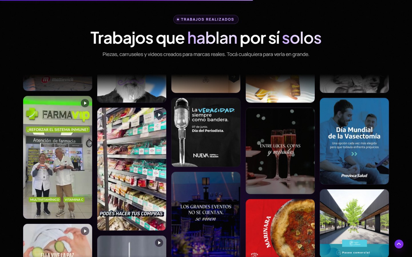Muro de portfolio con piezas de clientes