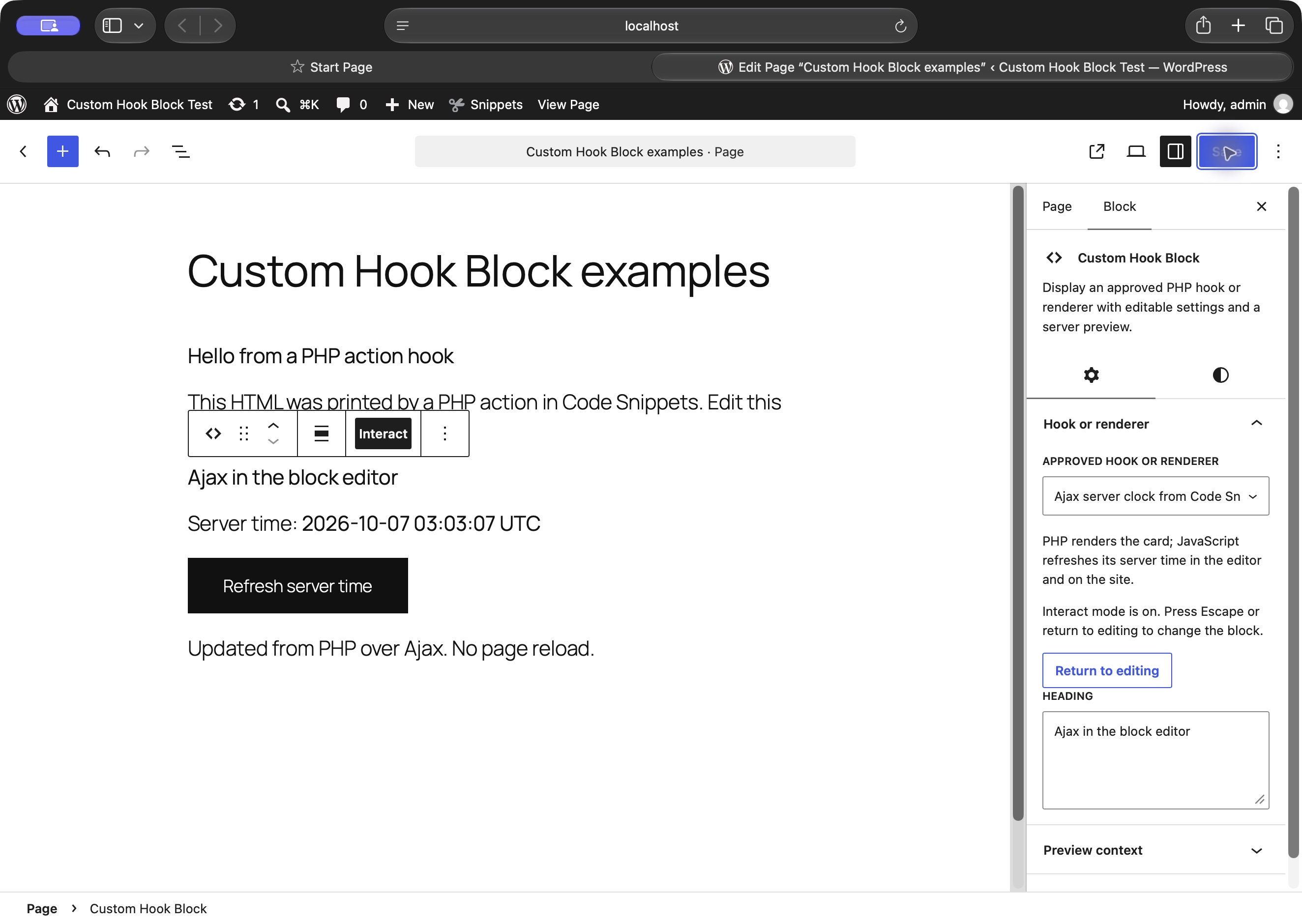 Custom Hook Block with Interact enabled and a successful Ajax response inside the editor