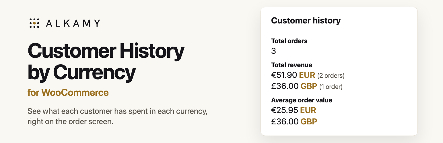 Customer History by Currency for WooCommerce: see what each customer has spent in each currency, right on the order screen