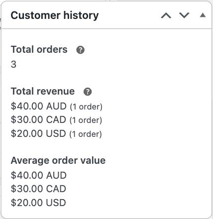 Customer history box showing $40.00 AUD, $30.00 CAD and $20.00 USD on separate lines