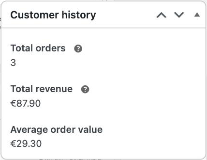 Customer history box showing one total of €87.90 for orders placed in euros and pounds