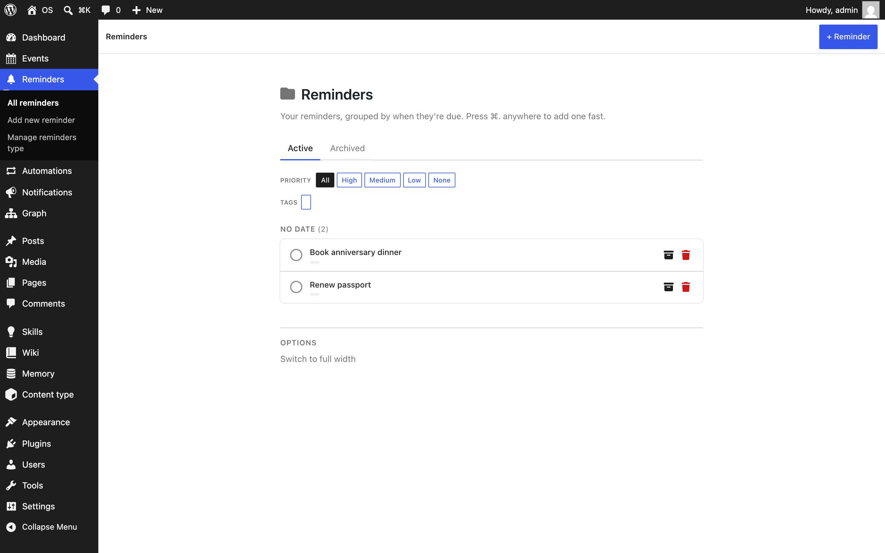 Reminders grouped by due date inside the Calendar module.