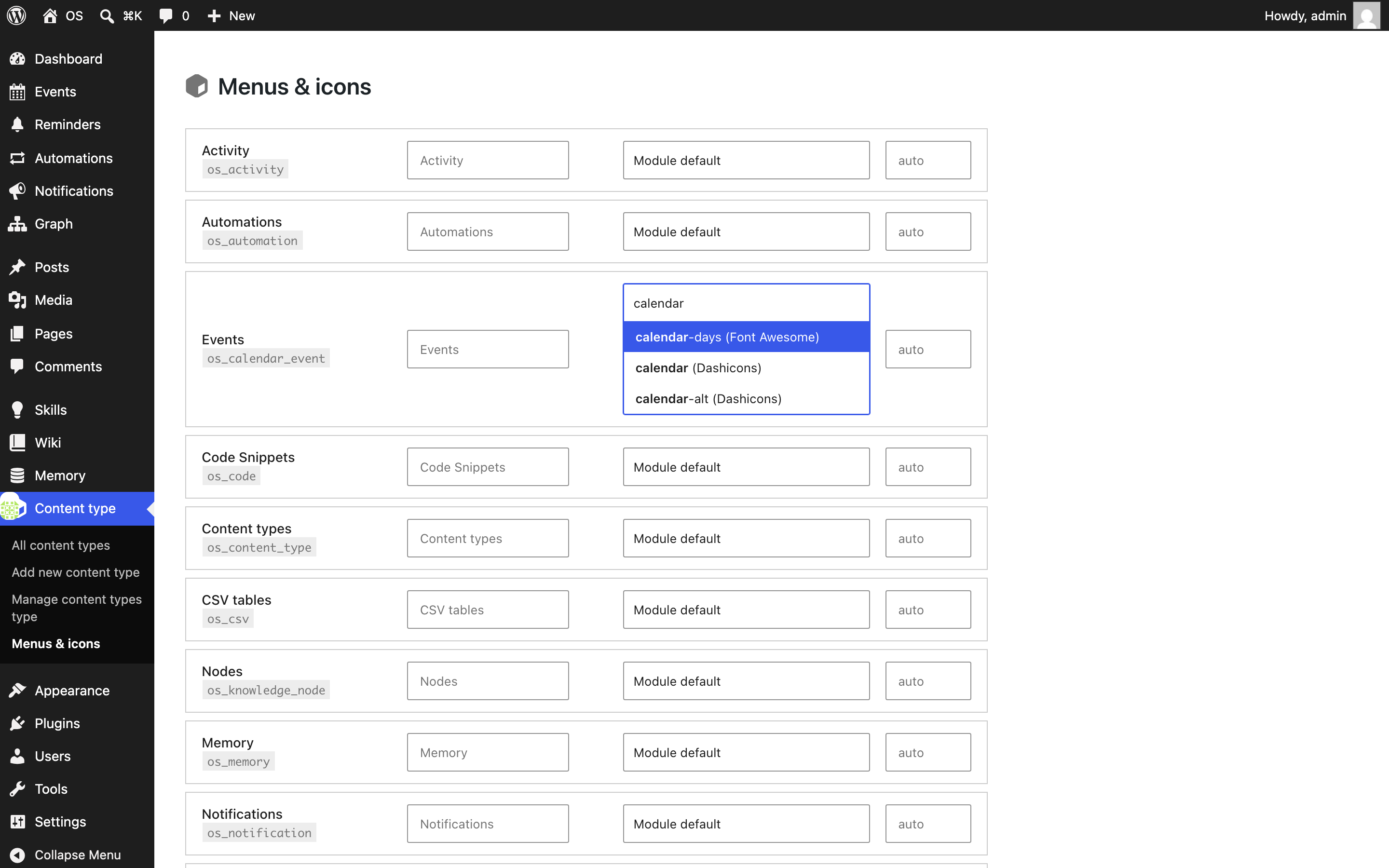 Menus and icons: every type's label, icon, and sidebar position on one screen.