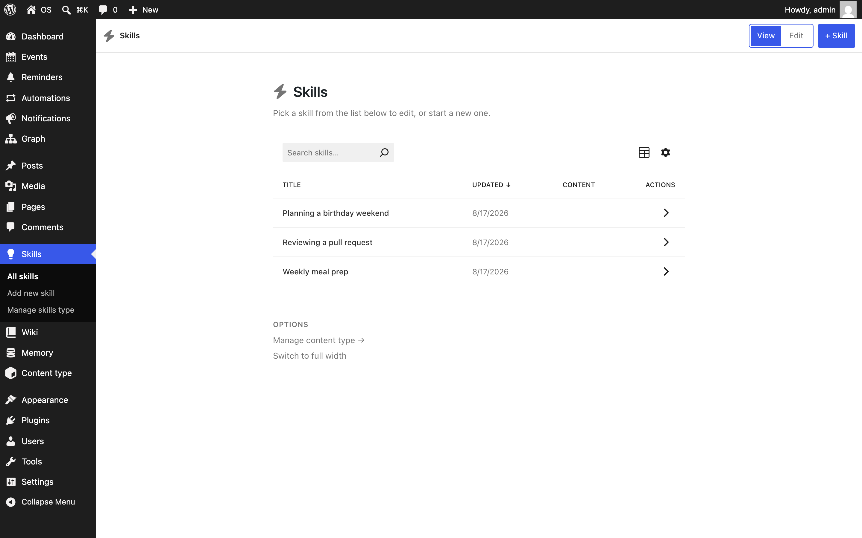 The Skills list inside the Wiki module.