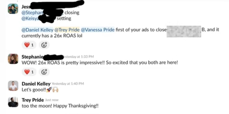 Slack message celebrating a client ad achieving a 26x ROAS