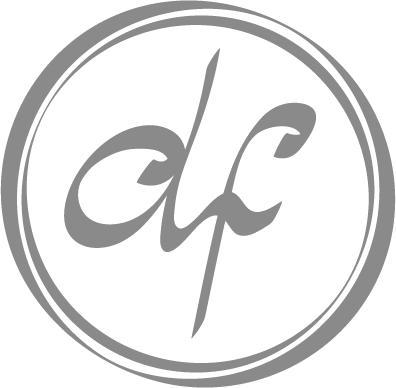 light gray logo with cursive d and f