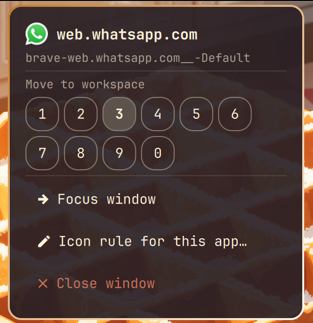 Right-click menu for a window
