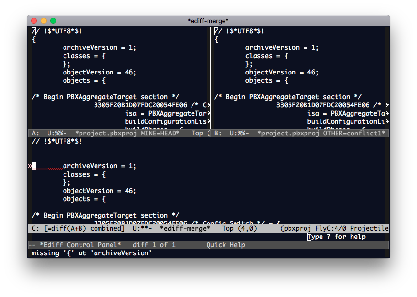 flycheck-pbxproj in action inside Ediff