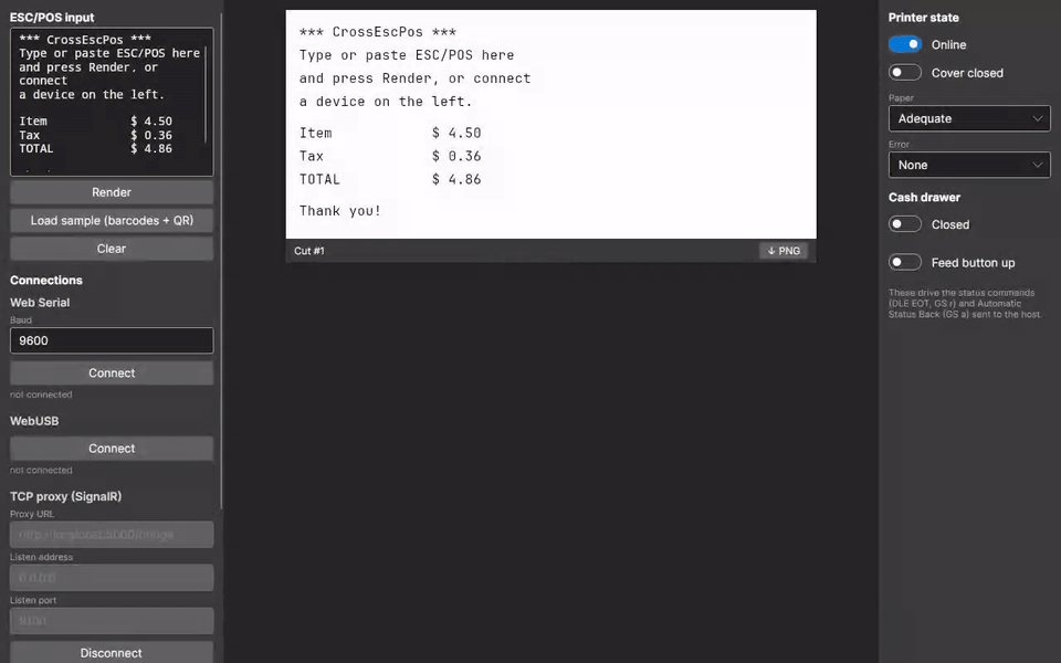The browser version receiving a receipt over TCP, dropping a job while the cover is open, and printing barcodes and 2D codes