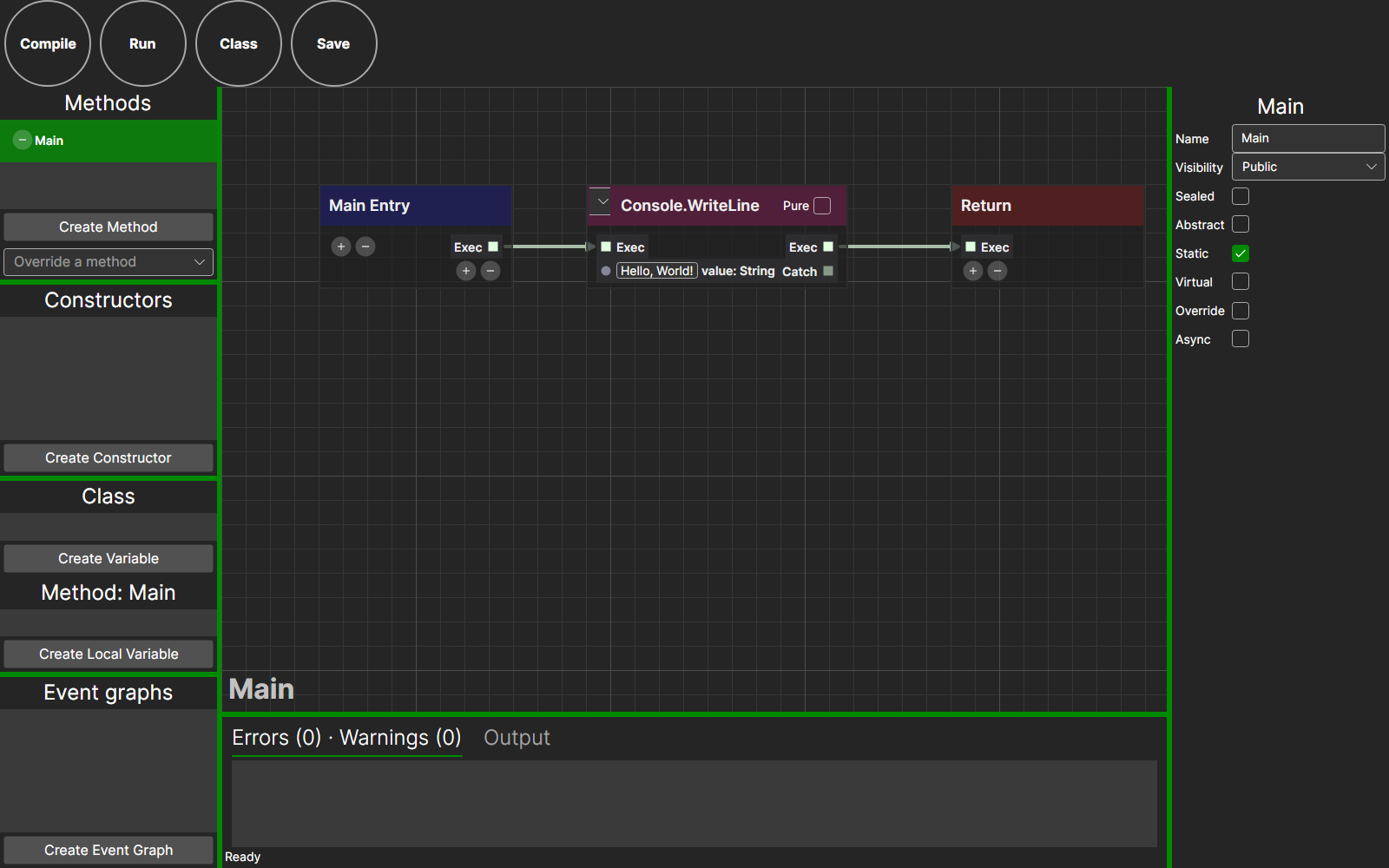The NetPrints class editor on Avalonia: a node graph wiring up a method, with the class inspector, generated C# preview and node search visible.