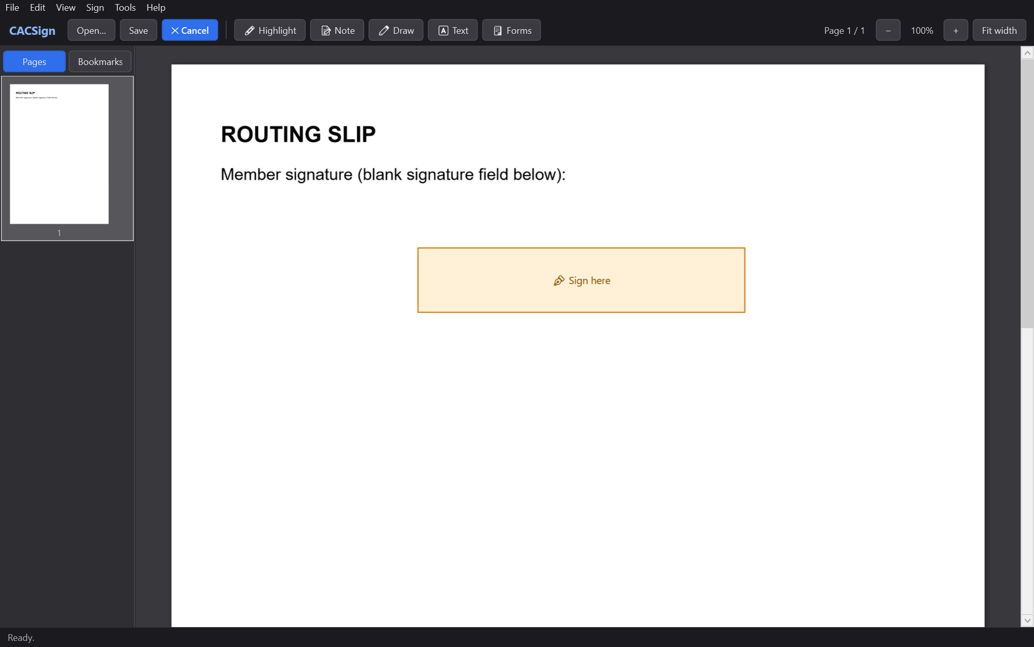 Placing a signature