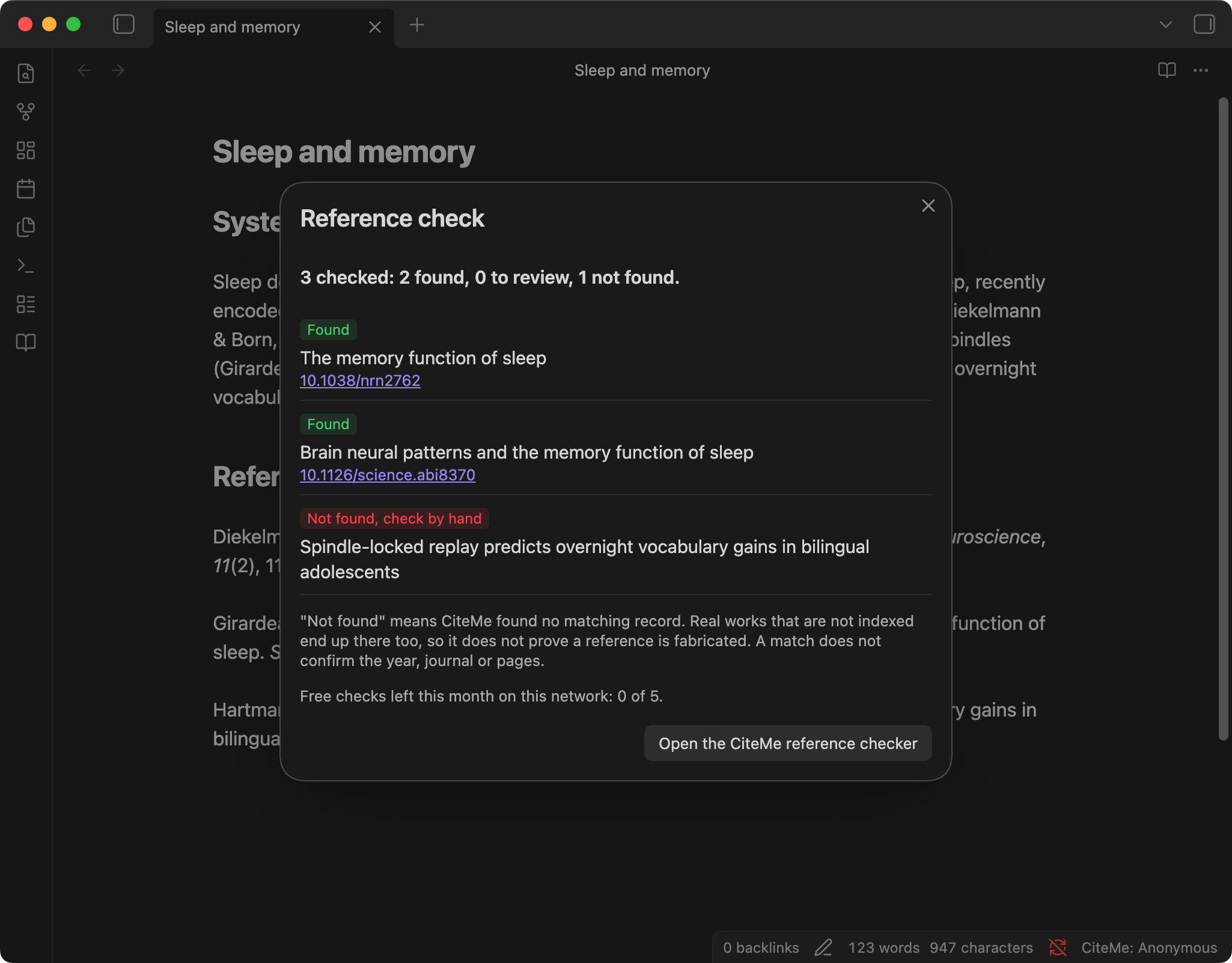 Reference check results for a note