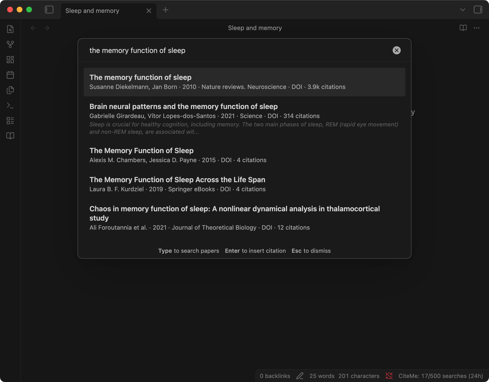 Searching for a paper from the CiteMe modal