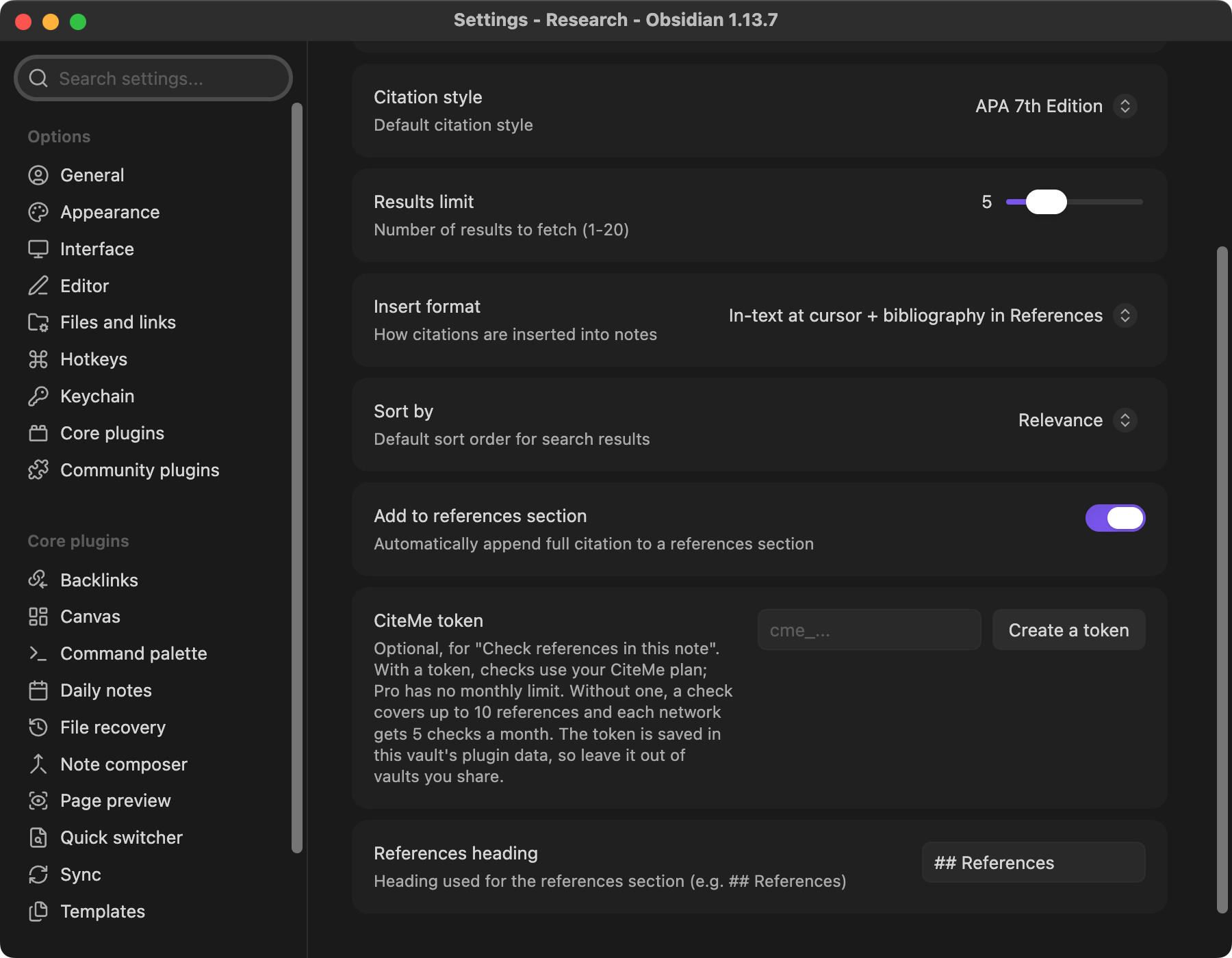 CiteMe plugin settings