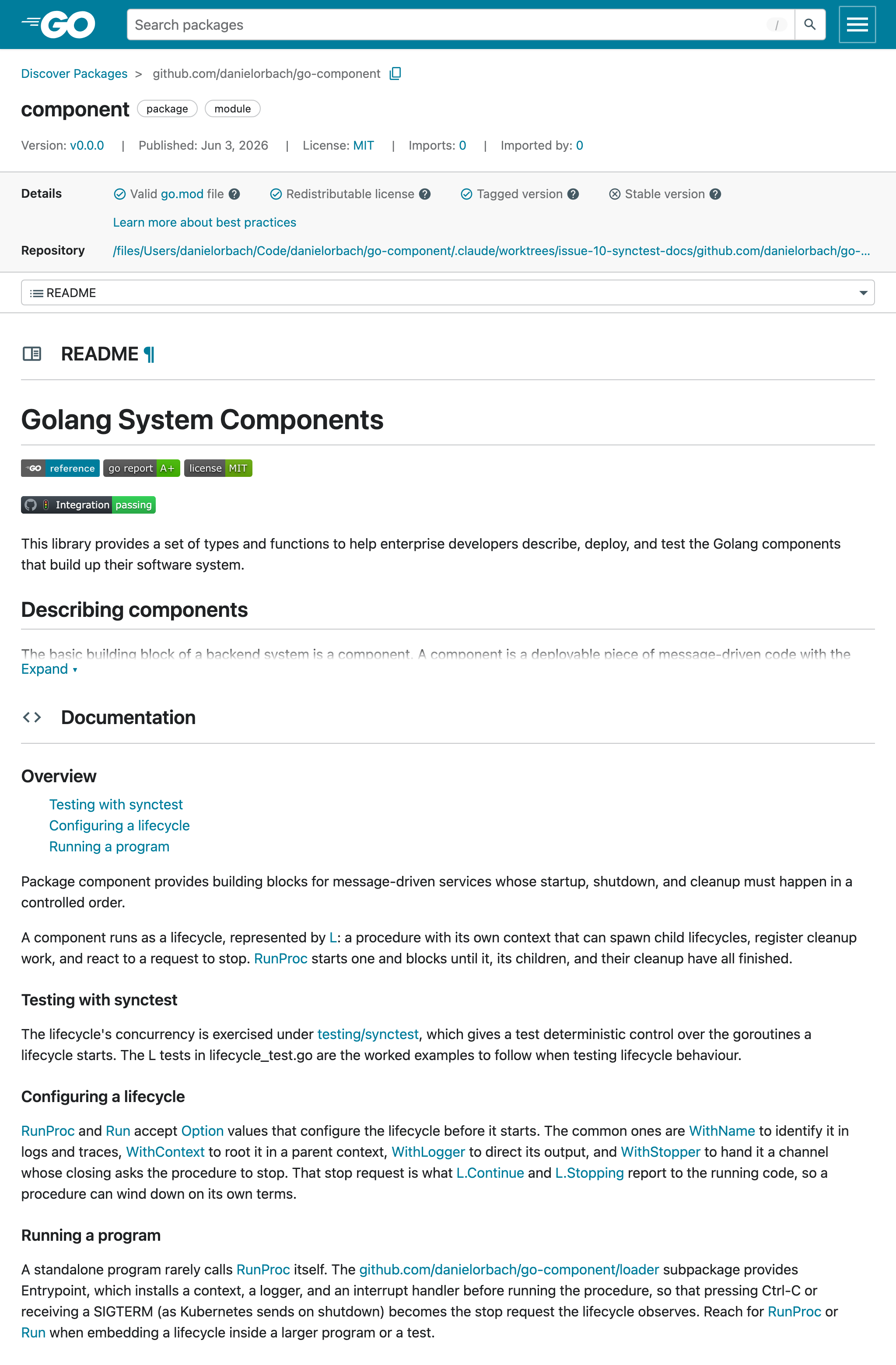 Rendered component package documentation on pkgsite