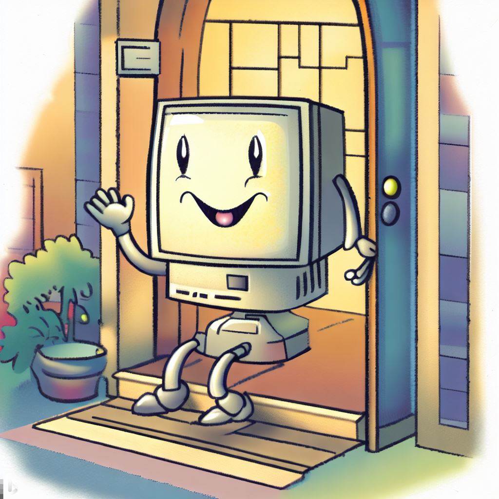 Cartoon showing waving computer in doorway of house