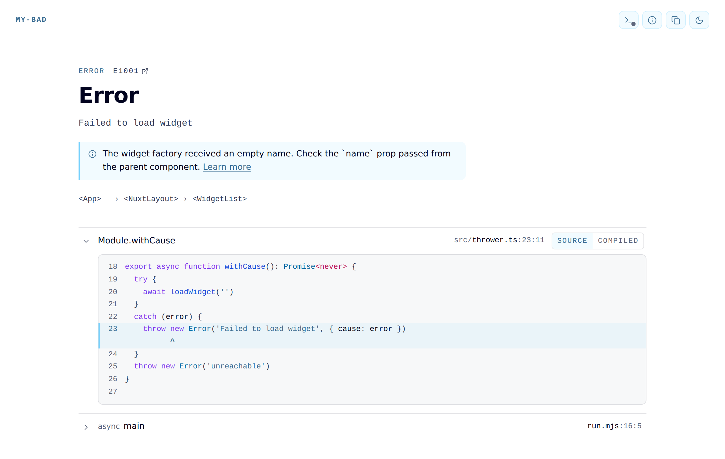 An error page showing the error name, message, hint, component trace and a syntax-highlighted source snippet with the failing line marked