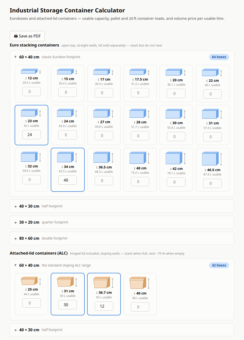 Eurobox Logistics Calculator — box size tiles grouped by footprint
