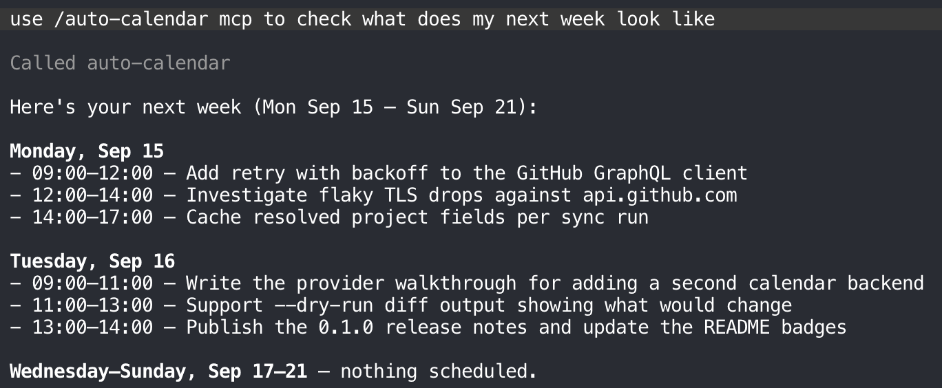 Asking Claude Code what the week looks like