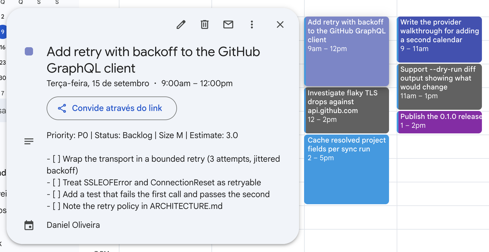 The same items scheduled in Google Calendar
