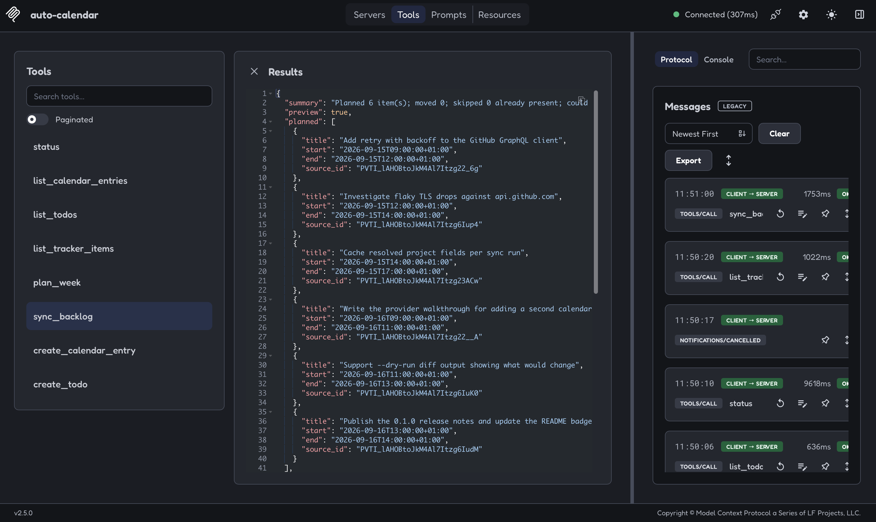 sync_backlog previewing a plan in the MCP Inspector