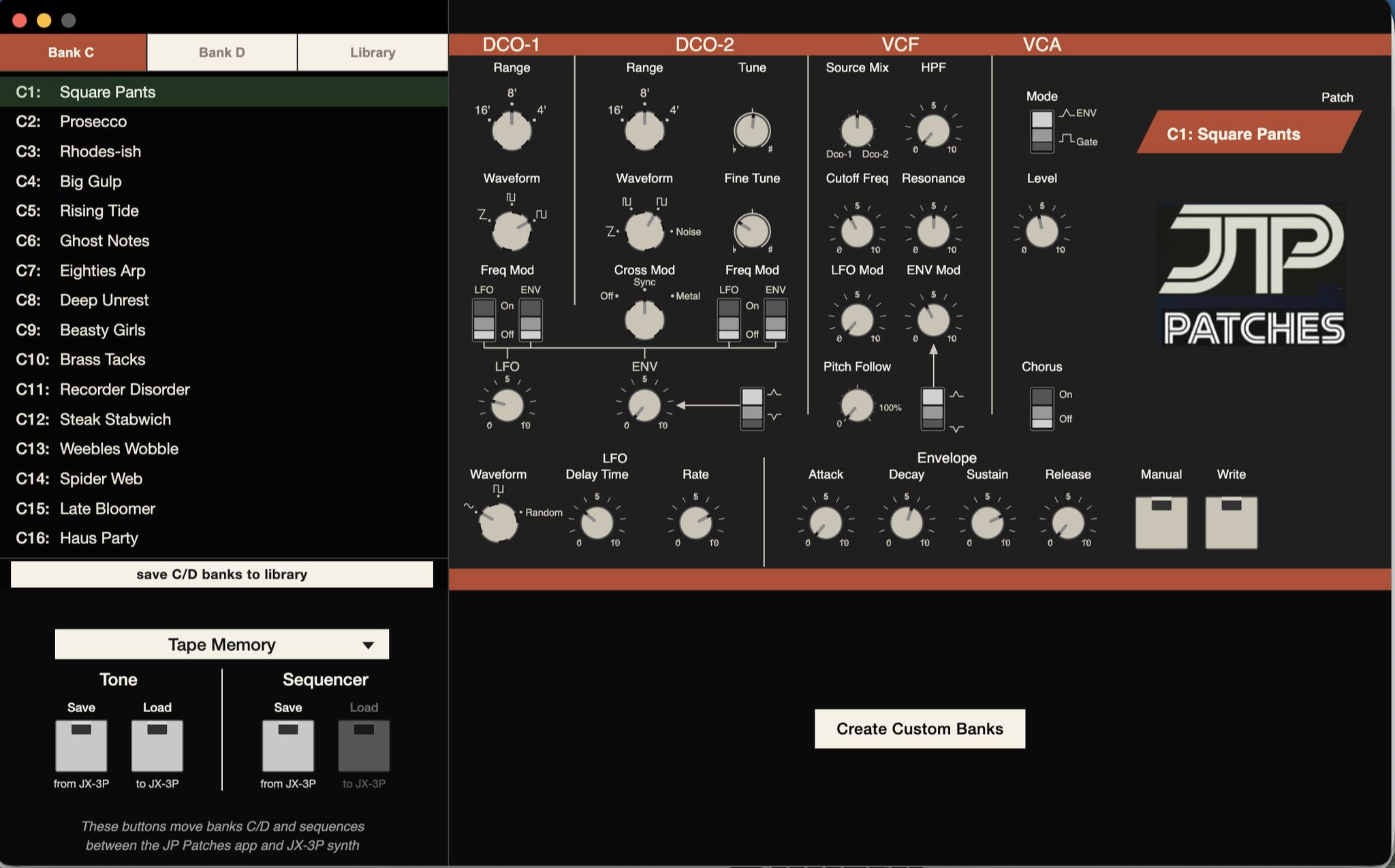 JP Patches main panel — PG-200 style controls on the right, active C/D bank list on the left, hardware tape buttons below