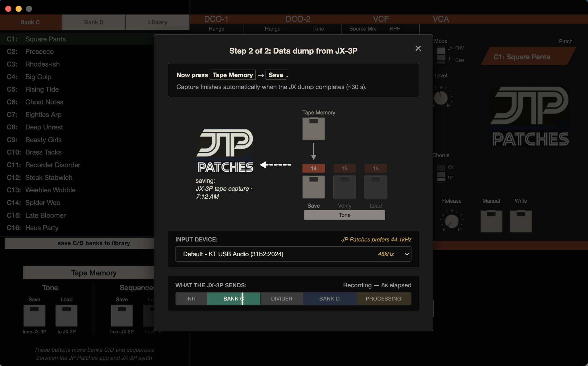 Record-from-JX-3P modal mid-capture — JP Patches logo on the left receiving audio from the JX-3P, level meter and segmented transmission timeline showing live state