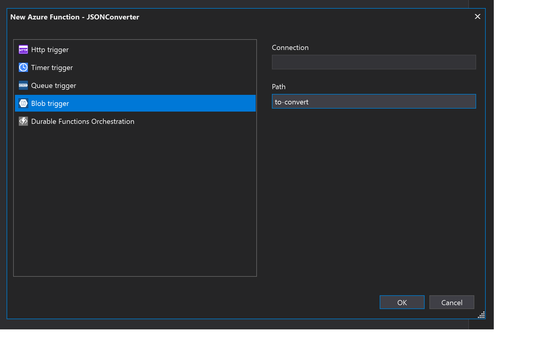 Creating a blob trigger function from a template