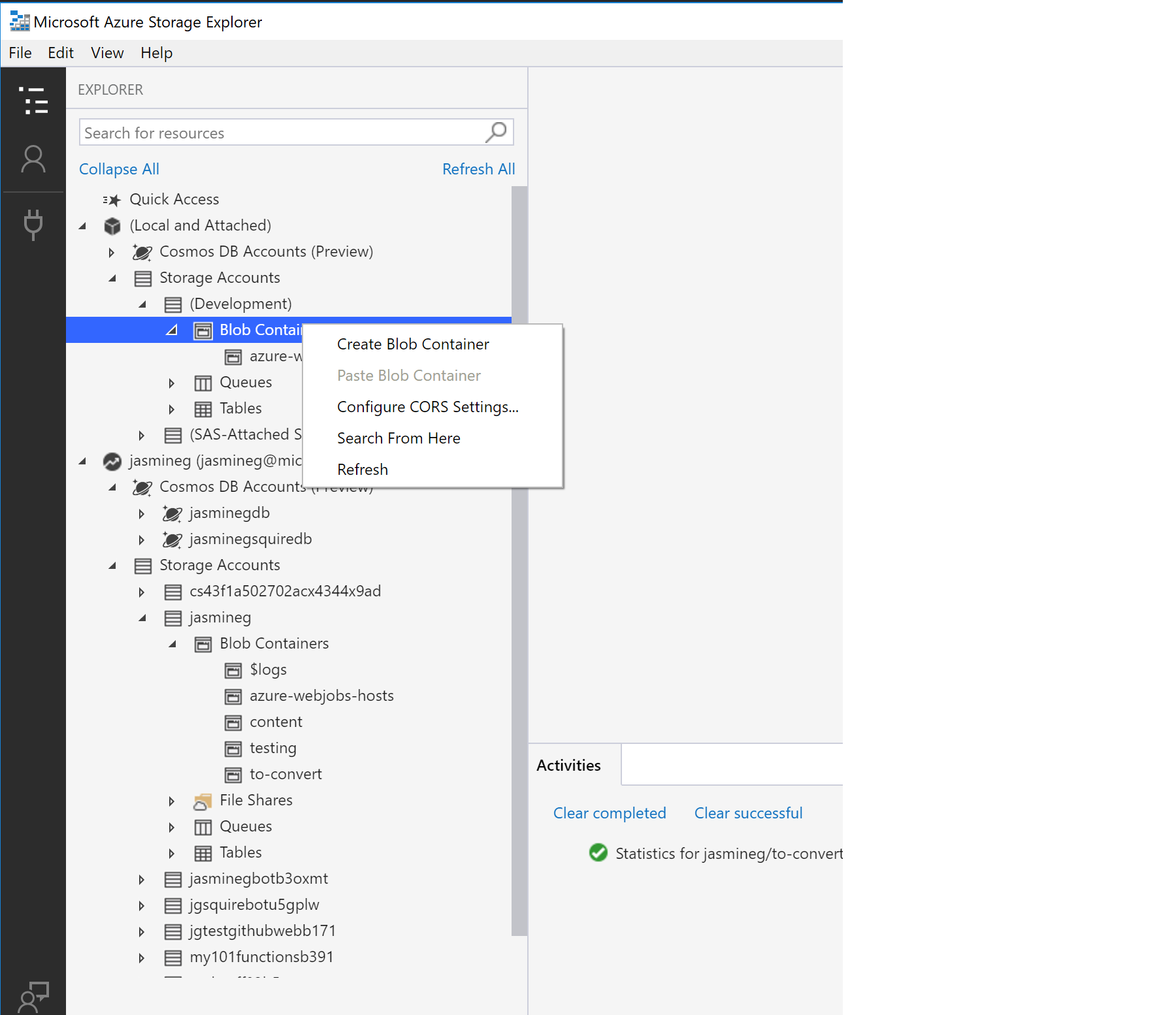 Creating a blob container in Azure Storage Explorer