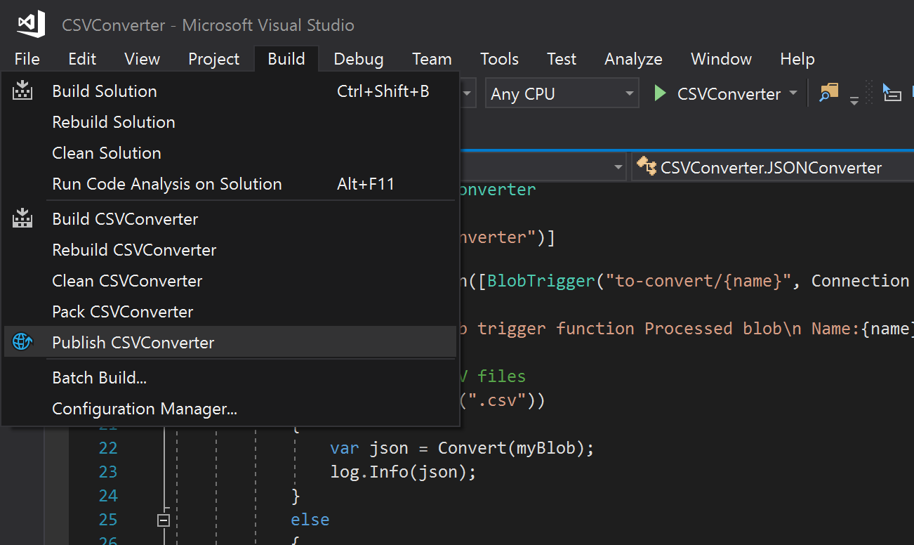 Opening publish menu in Visual Studio